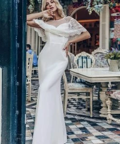 Ever-Pretty US Sweetheart Illusion Neckline Wedding Dress With Ruffle Sleeves SHOP BY OCCASION