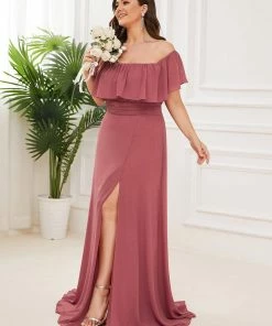 Ever-Pretty US Ruffle Off-Shoulder Side Slit Long Chiffon Bridesmaid Dress
