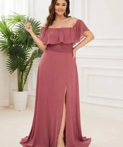Ever-Pretty US Ruffle Off-Shoulder Side Slit Long Chiffon Bridesmaid Dress