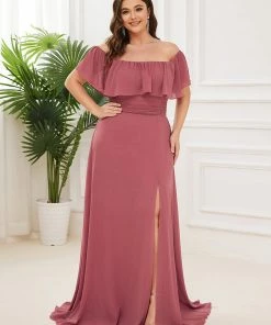 Ever-Pretty US Ruffle Off-Shoulder Side Slit Long Chiffon Bridesmaid Dress