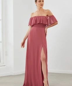 Ever-Pretty US Ruffle Off-Shoulder Side Slit Long Chiffon Bridesmaid Dress