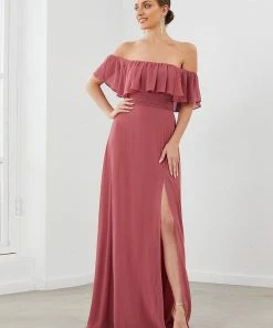 Ever-Pretty US Ruffle Off-Shoulder Side Slit Long Chiffon Bridesmaid Dress