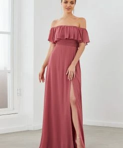 Ever-Pretty US Ruffle Off-Shoulder Side Slit Long Chiffon Bridesmaid Dress