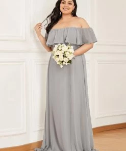 Ever-Pretty US Ruffle Off-Shoulder Side Slit Long Chiffon Bridesmaid Dress