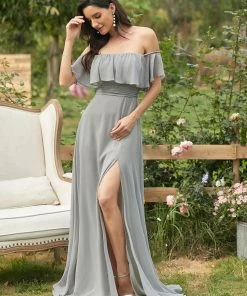 Ever-Pretty US Ruffle Off-Shoulder Side Slit Long Chiffon Bridesmaid Dress