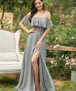 Ever-Pretty US Ruffle Off-Shoulder Side Slit Long Chiffon Bridesmaid Dress