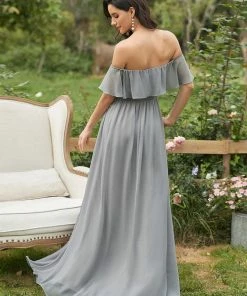 Ever-Pretty US Ruffle Off-Shoulder Side Slit Long Chiffon Bridesmaid Dress