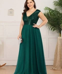Ever-Pretty US Plus Size Maxi Long Sequin Formal Prom Dress With Cap Sleeve SHOP BY OCCASION