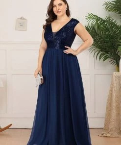 Ever-Pretty US Plus Size Maxi Long Sequin Formal Prom Dress With Cap Sleeve SHOP BY OCCASION