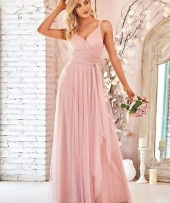 Ever-Pretty US Custom Size Floor Length Double V Neck Tulle Bridesmaid Dresses White Dresses