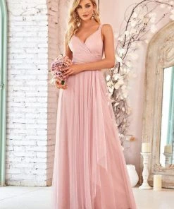 Ever-Pretty US Custom Size Floor Length Double V Neck Tulle Bridesmaid Dresses White Dresses