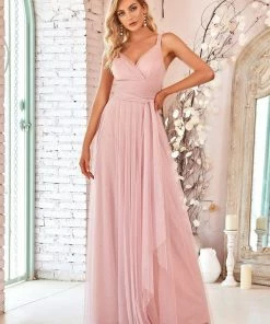 Ever-Pretty US Custom Size Floor Length Double V Neck Tulle Bridesmaid Dresses White Dresses