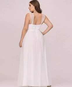 Ever-Pretty US Deep V Neck Pleated Bodice Simple Tulle Wedding Dress