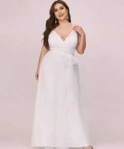 Ever-Pretty US Deep V Neck Pleated Bodice Simple Tulle Wedding Dress
