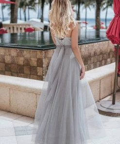 Ever-Pretty US Custom Size Floor Length Double V Neck Tulle Bridesmaid Dresses White Dresses