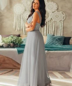 Ever-Pretty US Custom Size Floor Length Double V Neck Tulle Bridesmaid Dresses White Dresses