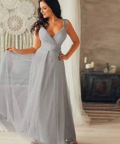 Ever-Pretty US Custom Size Floor Length Double V Neck Tulle Bridesmaid Dresses White Dresses
