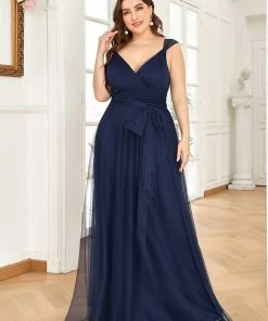 Ever-Pretty US Plus Size Double V Neck Maxi Tulle Bridesmaid Dress SHOP BY STYLE
