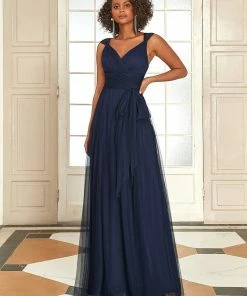 Ever-Pretty US Custom Size Floor Length Double V Neck Tulle Bridesmaid Dresses White Dresses