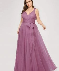 Ever-Pretty US Custom Size Floor Length Double V Neck Tulle Bridesmaid Dresses White Dresses