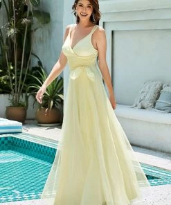 Ever-Pretty US Deep V Neck Pleated Bodice Simple Tulle Wedding Dress