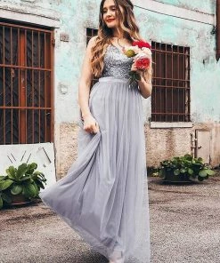 Ever-Pretty US Maxi Long Spaghetti Strap Prom Dress For Women With Sequin