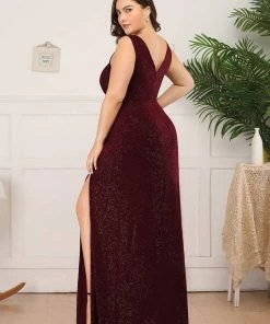 Ever-Pretty US Plus Size Shiny V Neck Side Split Formal Evening Dress