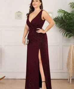 Ever-Pretty US Plus Size Shiny V Neck Side Split Formal Evening Dress