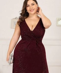 Ever-Pretty US Plus Size Shiny V Neck Side Split Formal Evening Dress