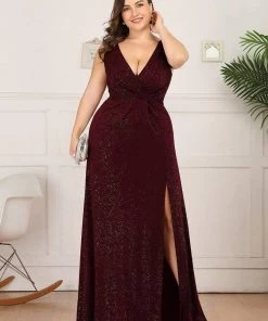 Ever-Pretty US Plus Size Shiny V Neck Side Split Formal Evening Dress