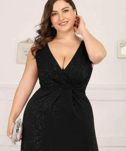 Ever-Pretty US Plus Size Shiny V Neck Side Split Formal Evening Dress