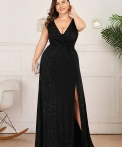 Ever-Pretty US Plus Size Shiny V Neck Side Split Formal Evening Dress