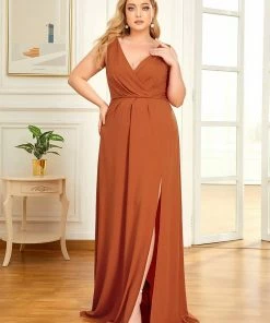 Ever-Pretty US Plus Size Shiny V Neck Side Split Formal Evening Dress