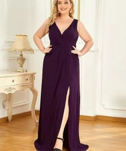 Ever-Pretty US SHOP BY OCCASION Floor Length V Neck Shiny Evening Dress With Side Split