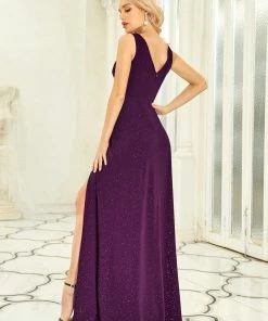 Ever-Pretty US SHOP BY OCCASION Floor Length V Neck Shiny Evening Dress With Side Split