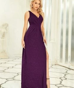 Ever-Pretty US SHOP BY OCCASION Floor Length V Neck Shiny Evening Dress With Side Split