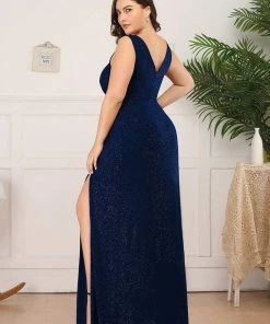 Ever-Pretty US Plus Size Shiny V Neck Side Split Formal Evening Dress