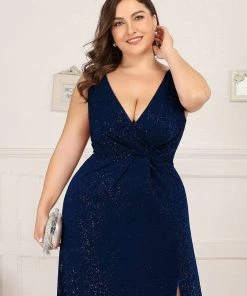 Ever-Pretty US Plus Size Shiny V Neck Side Split Formal Evening Dress