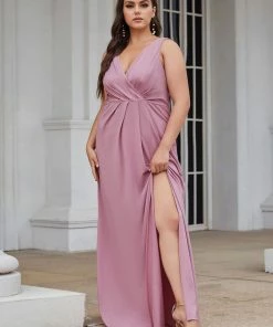 Ever-Pretty US Plus Size Shiny V Neck Side Split Formal Evening Dress