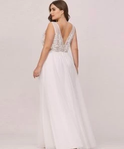 Ever-Pretty US Plus Size Applique Ethereal Simple White Tulle Wedding Dress