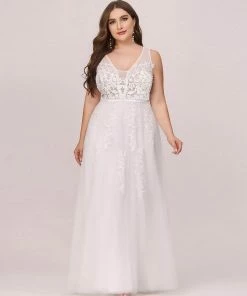 Ever-Pretty US Plus Size Applique Ethereal Simple White Tulle Wedding Dress