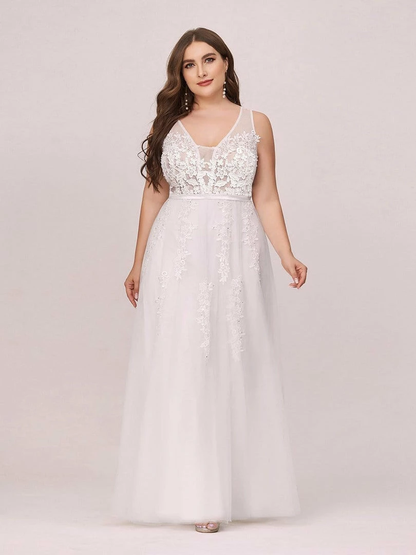 Ever-Pretty US Plus Size Applique Ethereal Simple White Tulle Wedding Dress 1 Ever-Pretty US Plus Size Applique Ethereal Simple White Tulle Wedding Dress