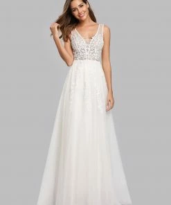 Ever-Pretty US Summer Dresses 2022 Applique Lace Bodice Simple Tulle Wedding Dress