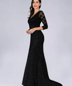 Ever-Pretty US SHOP BY OCCASION Elegant V Neck Shiny Fishtail Evening Dresses With 3/4 Lace Sleeves