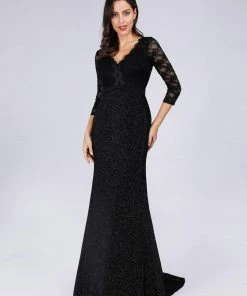 Ever-Pretty US SHOP BY OCCASION Elegant V Neck Shiny Fishtail Evening Dresses With 3/4 Lace Sleeves