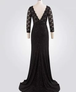 Ever-Pretty US SHOP BY OCCASION Elegant V Neck Shiny Fishtail Evening Dresses With 3/4 Lace Sleeves