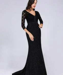Ever-Pretty US SHOP BY OCCASION Elegant V Neck Shiny Fishtail Evening Dresses With 3/4 Lace Sleeves
