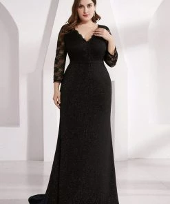 Ever-Pretty US SHOP BY OCCASION Elegant V Neck Shiny Fishtail Evening Dresses With 3/4 Lace Sleeves