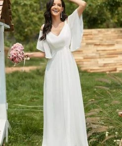 Ever-Pretty US Elegant Cold Shoulder Flutter Sleeves Flowy Bridesmaid Dress