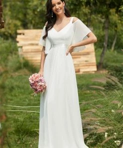 Ever-Pretty US Double V Neck Cold Shoulder Flowy Chiffon Outdoor Wedding Dress Summer Dresses 2022